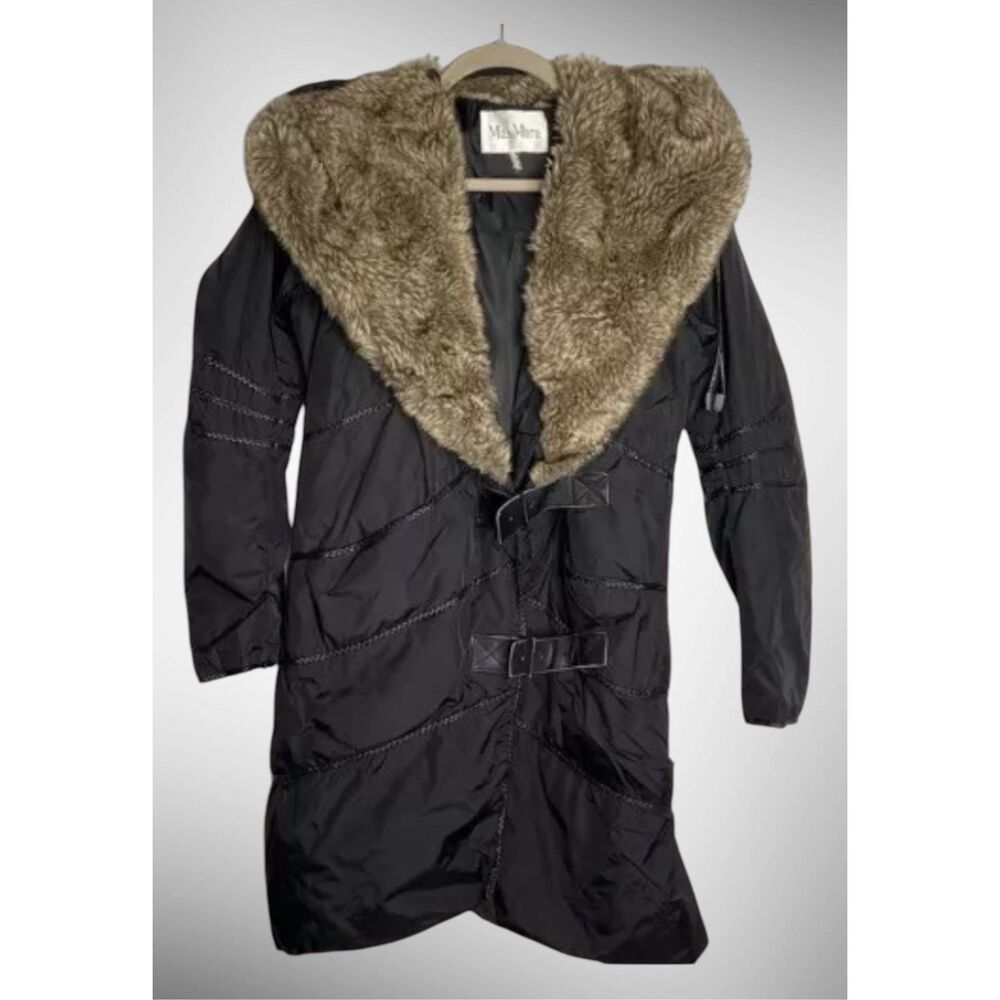 Auth Max Mara Parka Womens Medium Coat Down Black Puffer Fur Hood Leather Braids